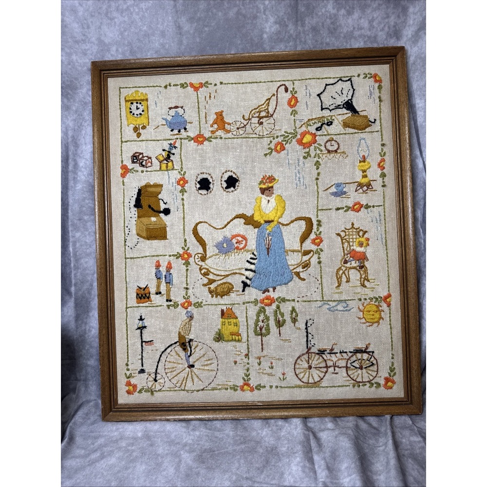 FRAMED 1970's Vintage Crewel Art Victorian Era "Nostalgia" wool embroidery Linen